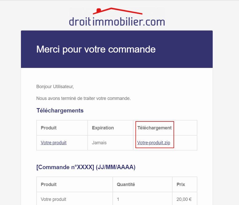 récupération produits commandés par email